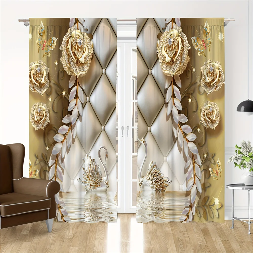 Luxury Oil Painting Style Gold Colorful Flower Printed Window Curtains for Girl Boy Kid Living Room Bedroom Decor 2Pieces Office