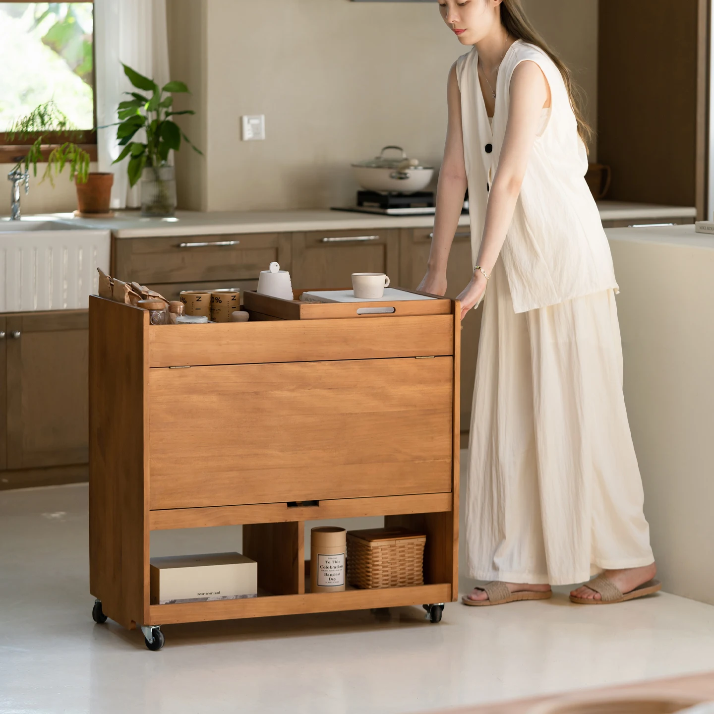 Middle aged solid wood multifunctional folding cart, movable coffee table, workbench, storage cabinet