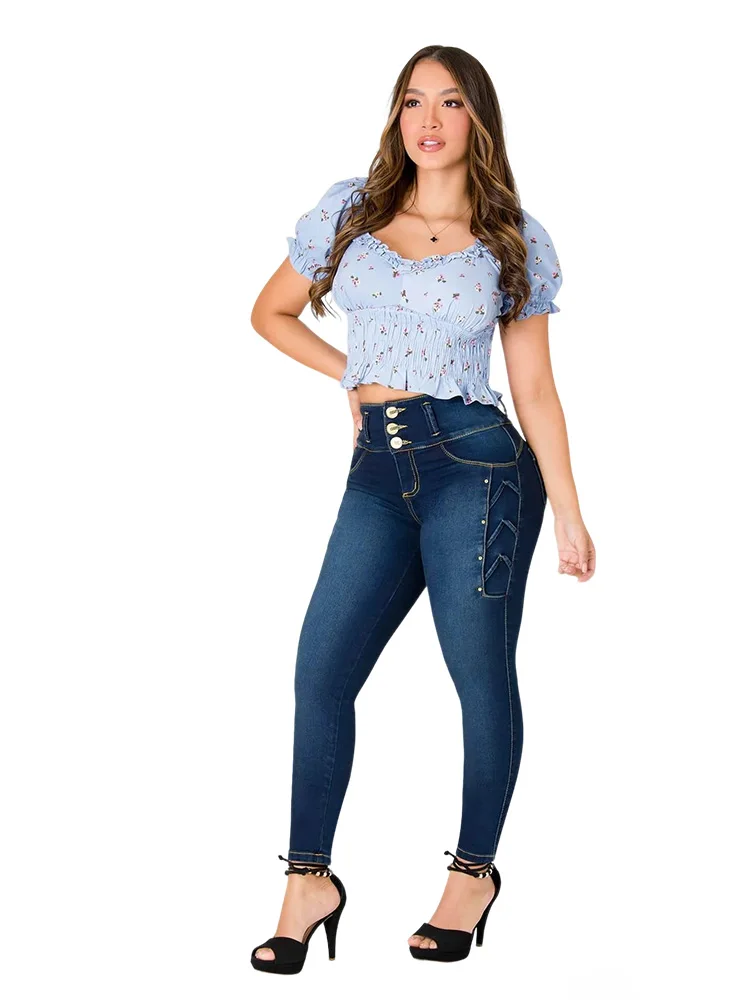 

Модный передний грудь, синий декоративный ремешок с бисером для женщин, высокоэластичные узкие повседневные джинсы с подтяжкой бедер и девятью точками