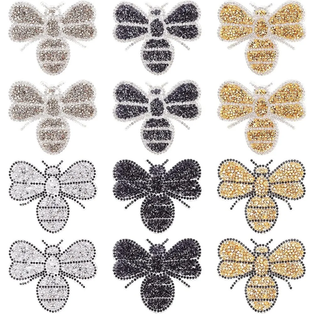 Parches termoadhesivos de diamantes de imitación con purpurina, adhesivo termofusible en la parte posterior, accesorios para disfraces, diseño de abeja, colores surtidos, 68x80x2mm, 6 estilos
