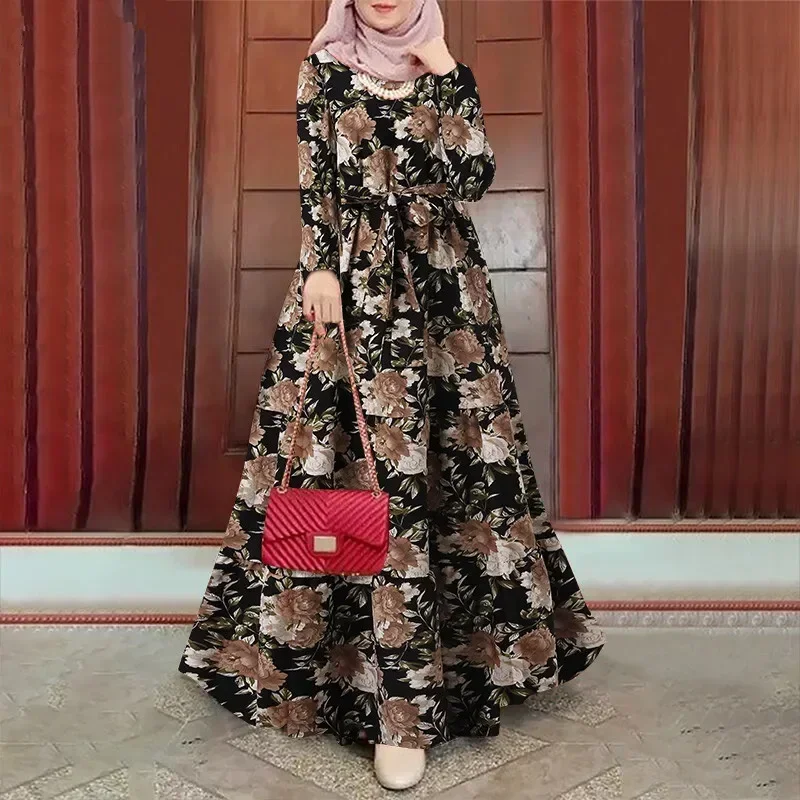 Boho Print Irregular Dress Summer Party Dresses for Women Long Sleeve Belted Kaftan Abayas Muslim Dubai Gowns Morocco Evening