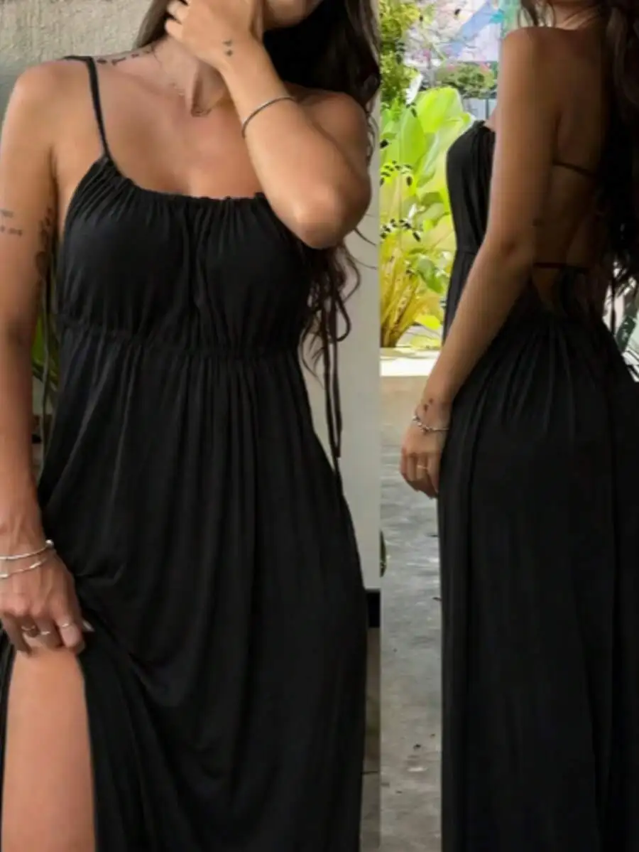 

Womens Summer Loose Slip Dress With Drawstring Pleated Long Cami Casual Party Vacation Dress