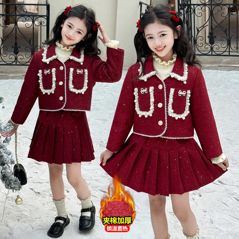 chic teen girls JK skirts sets Lace collar jacket+pleated skirt 2pcs French junior kids 4-14 boutique clothes suit child outfits