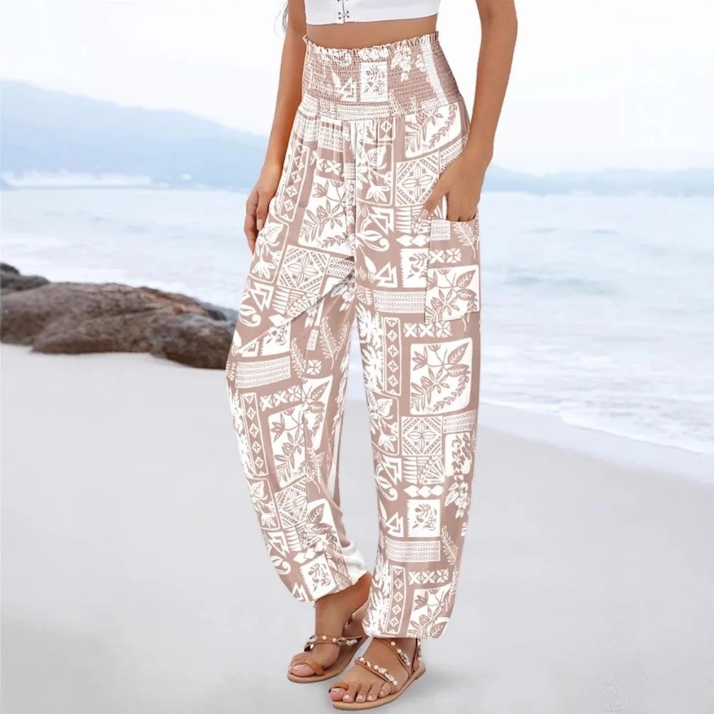 Women Bohemian Printed High Waist Harem Pants Elastic Smocked Waist Side Pocket Loose Trousers Beach Vacation Casual Outfit