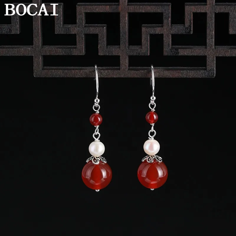 

BOCAI NEW S925 Silver Fashionable And Simple Pearl Red Agate Earrings