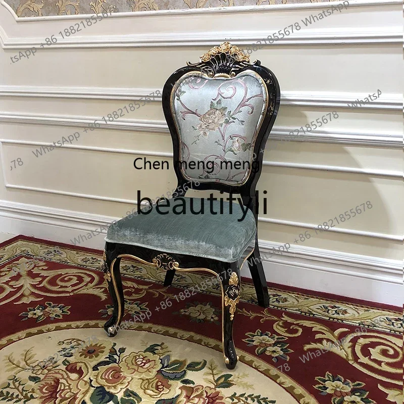 

French fabric dining chair, European soft bag, luxury restaurant European book chair, solid wood chair embroidery2936