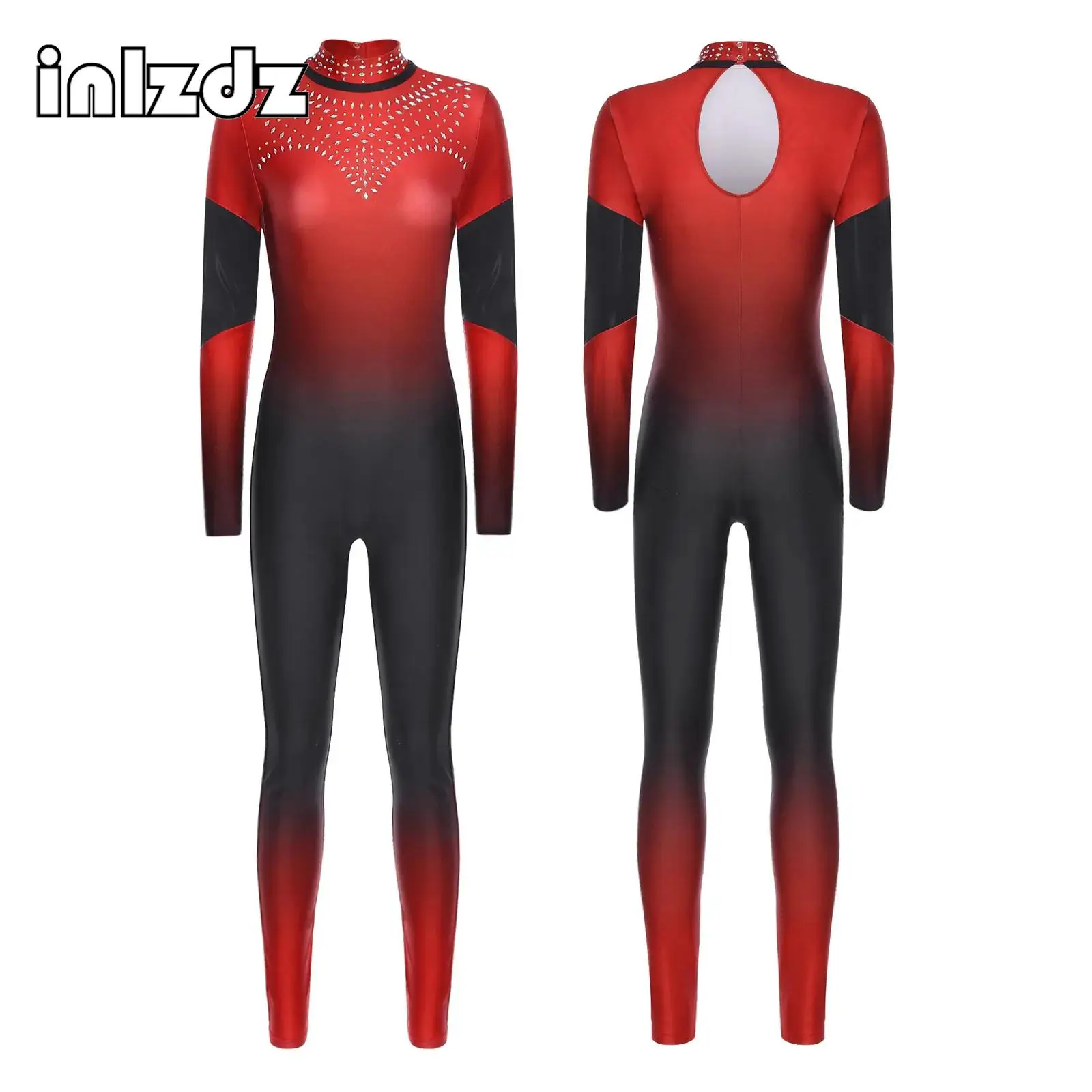 

Women Gradient Color Long Sleeve Gymnastics Yoga Unitard Jumpsuit with Rhinestones Back Hollow Out Full Body Long Pants Bodysuit