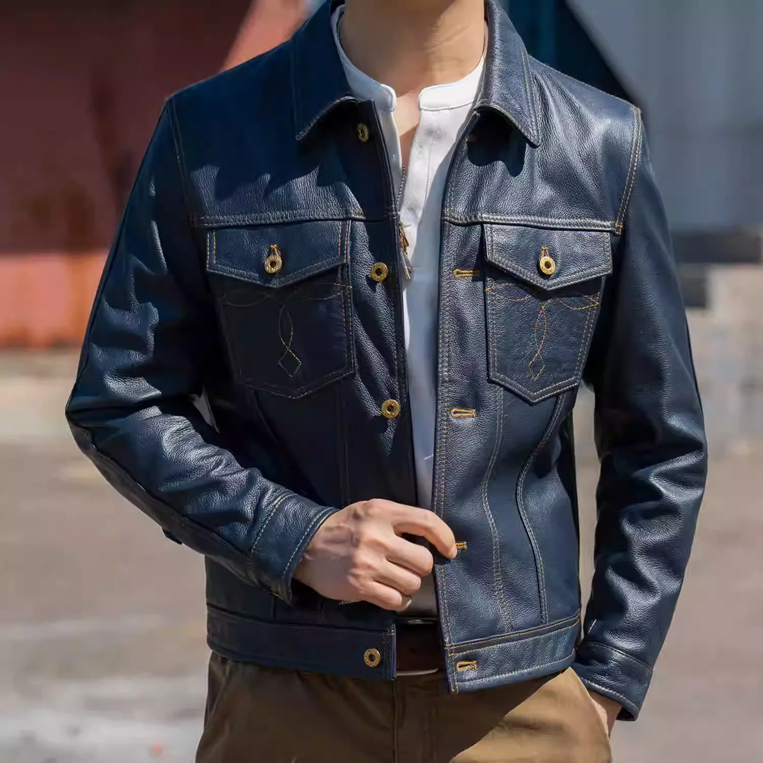 

Новая модная весенняя мужская куртка из натуральной кожи для мотоциклистов, синяя, с отложным воротником, приталенная, 2026 года