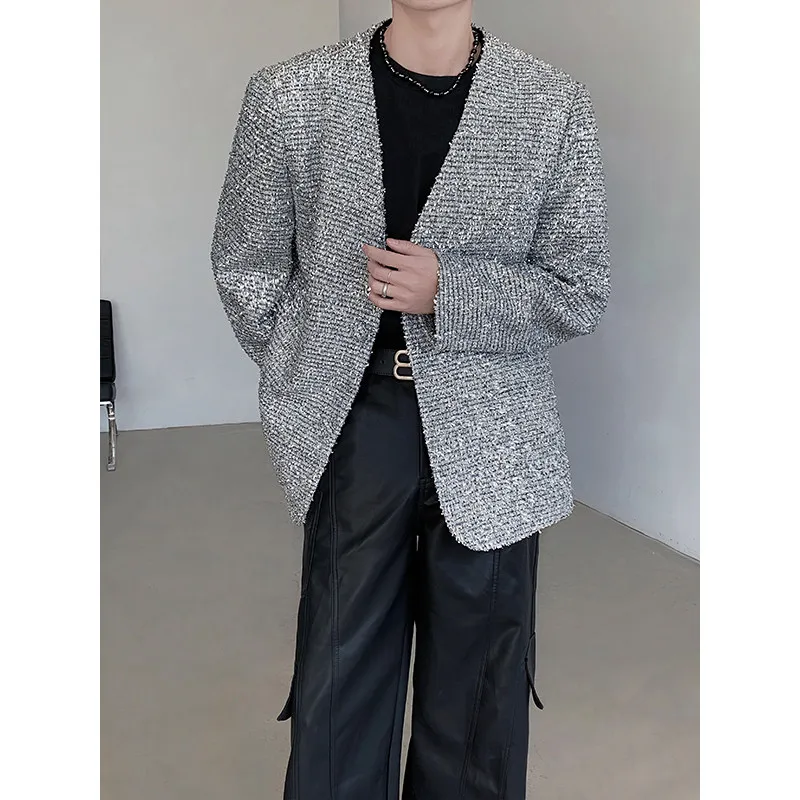 

Silver Color Blo Leather Casual Loose Men's Jaet Spring New Design iny Surface V-Ne Long Sve Polyester Fabric