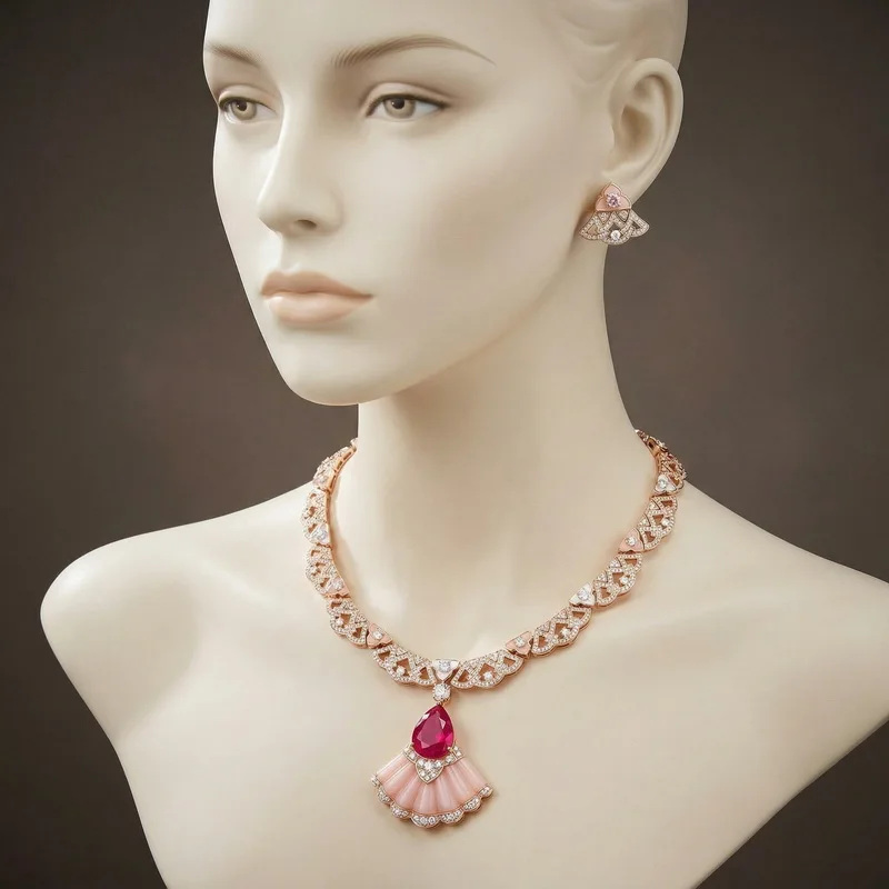 Europe America Style Necklace Earrings Women Lady Inlay Cubic Zircon Pink Opal Mother of Pearl Fan-Shaped Pendant Jewelry Sets
