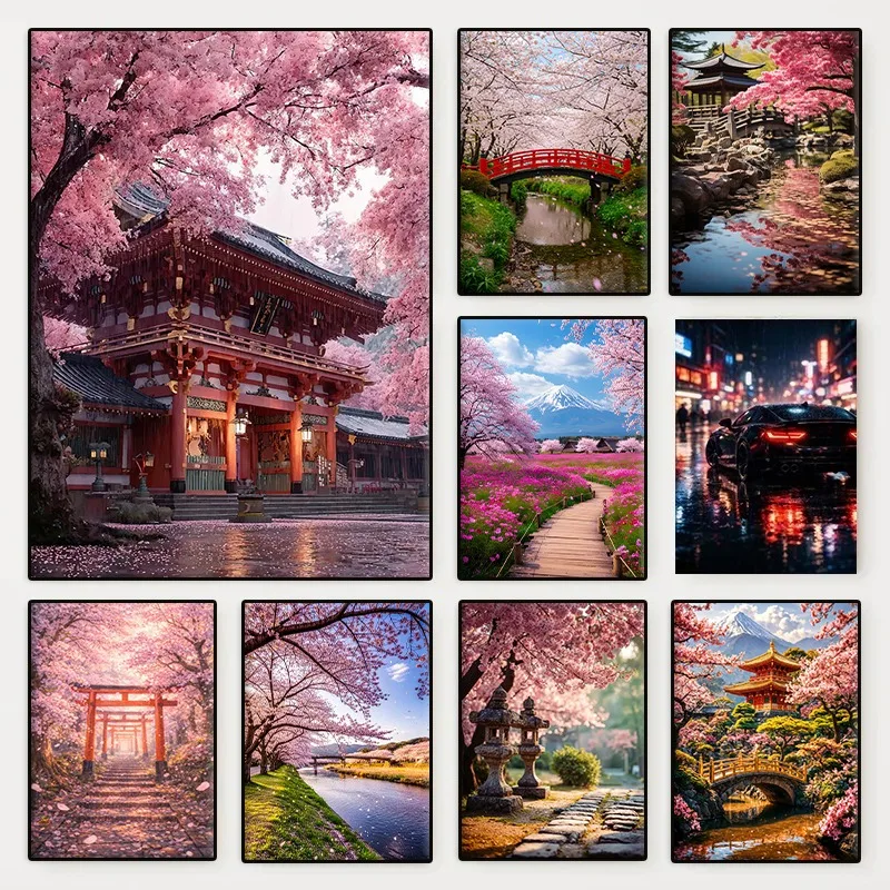 1pc frameless Canvas Painting Japanese Garden Scene Cherry Blossom Trees Poster Sakura Pond Beautiful Landscape Canvas Painting