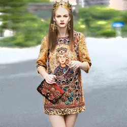 Summer Sexy Women Dress Europe Retro Baroque Printing Jumpsuit Clothes Fashion Studded Beads Luxury Female Short Mini Dresses