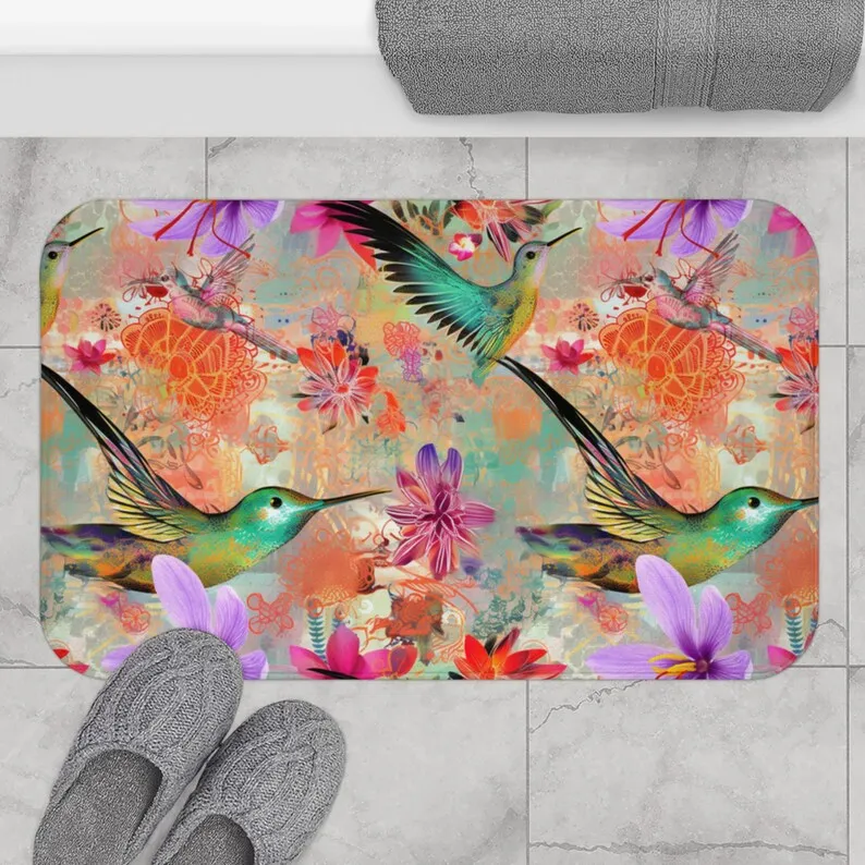 Tropical Hummingbird Orchid Bath Mat - Maximalist Colorful Floral, Vibrant Orange Green Pink Floor Mat, Indoor Décor​
