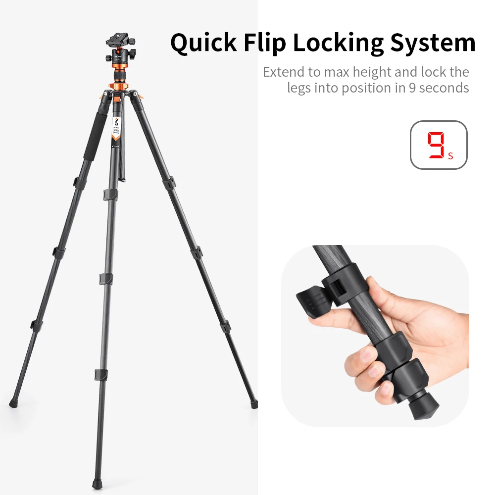 K&F Concept 62inch/160cm Portable Travel Tripod Carbon Fiber Tripod with Detachable Monopod Metal Ball Head Quick Release Plate