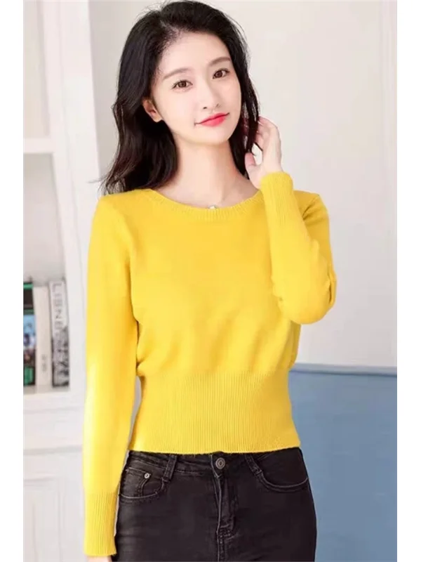 

Вязаный свитер с высокой талией, женский круглый пуловер Ne, милый облегающий комплект из двух предметов, осень-зима, Новое поступление