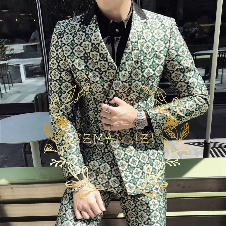 

SZMANLIZI Conjuntos De Chaqueta Double Breasted Suits For Men Floral Jacquard Formal Tuxedo Groom Wedding Suit Blazer Masculino