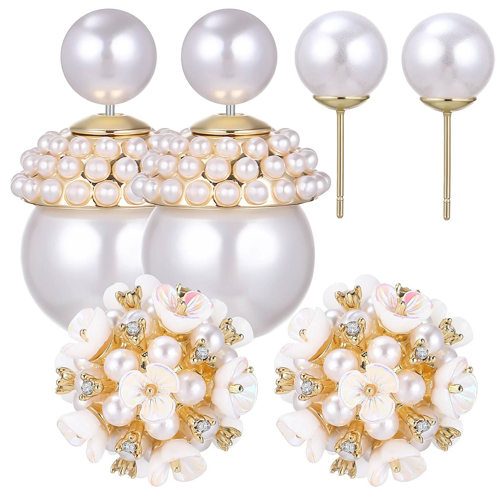 

2 Pairs Pearl Stud Earrings Golden Color Acrylic Flower Zirconia Small Pearl Stoppers Double Sided for Sensitive