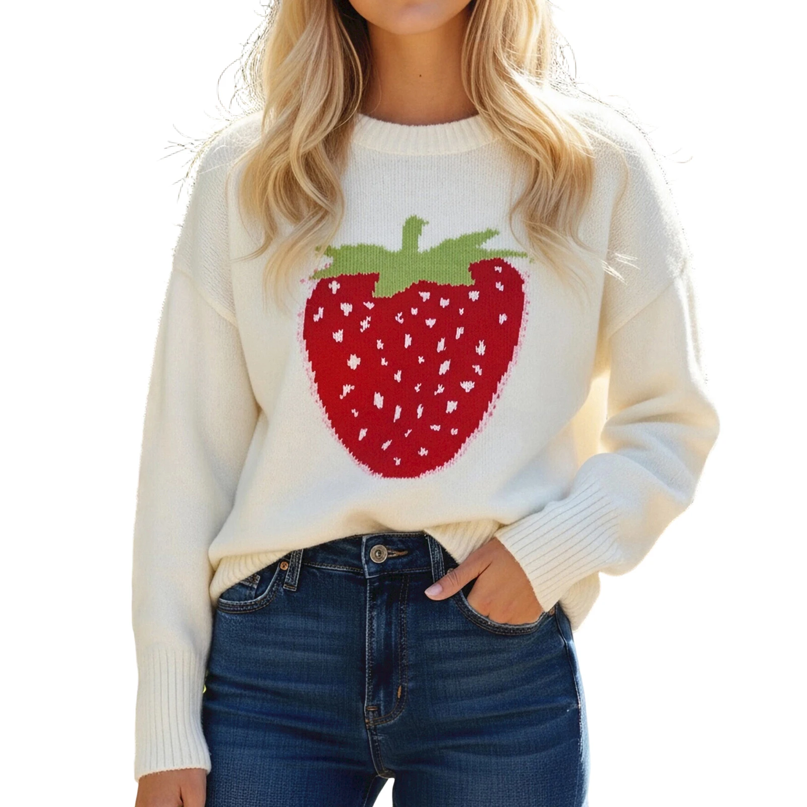 

Женский вязаный свитер с длинным рукавом и круглым вырезом, пуловер с клубничным принтом, теплый свитер для осени и зимы
