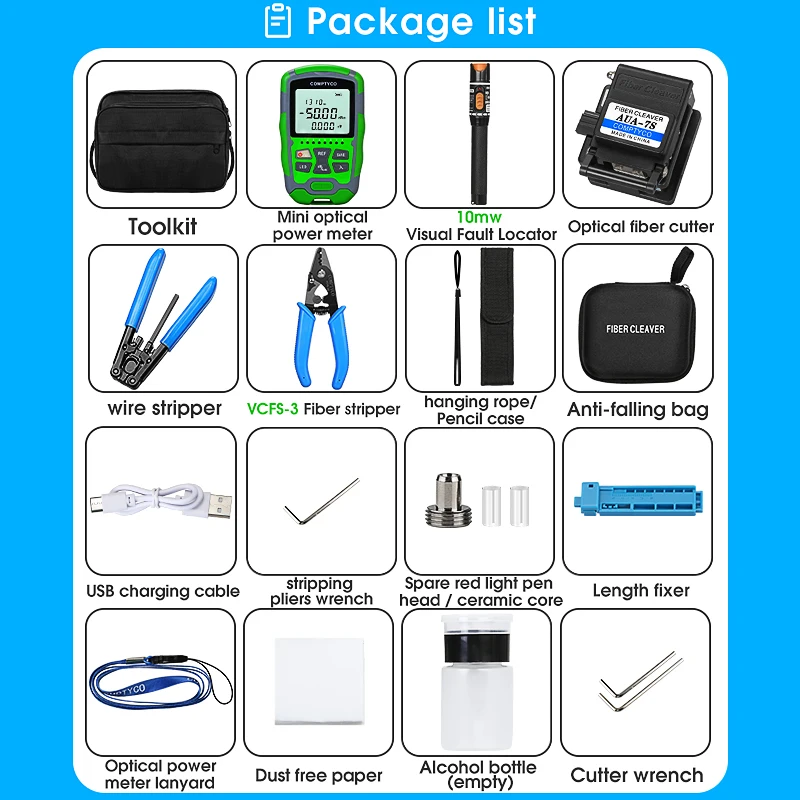 Imagem -02 - Kit de Ferramentas de Fibra Óptica Ftth Com50+ 26dbm Aua-mc5 em Mini Medidor de Potência Óptica Localizador Visual de Falhas 10mw Aua7s Fibra Cleaver