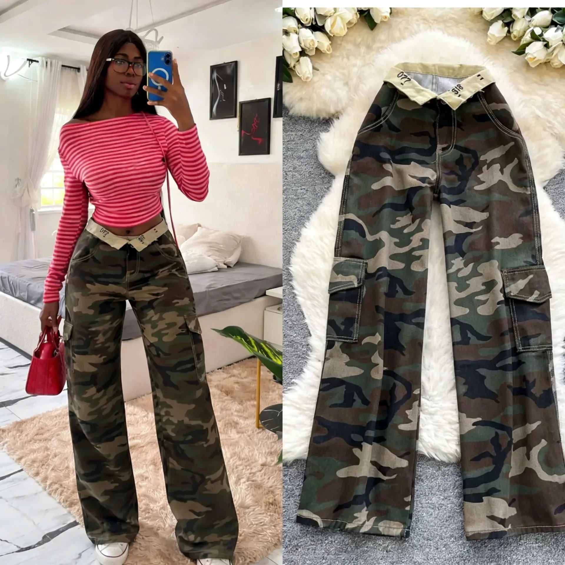 

Denim Pant Women Jeans Camouflage Print Long Pants High Waist Straight Trousers Y2k Streetwear Elegant Splice Work Casual 2026