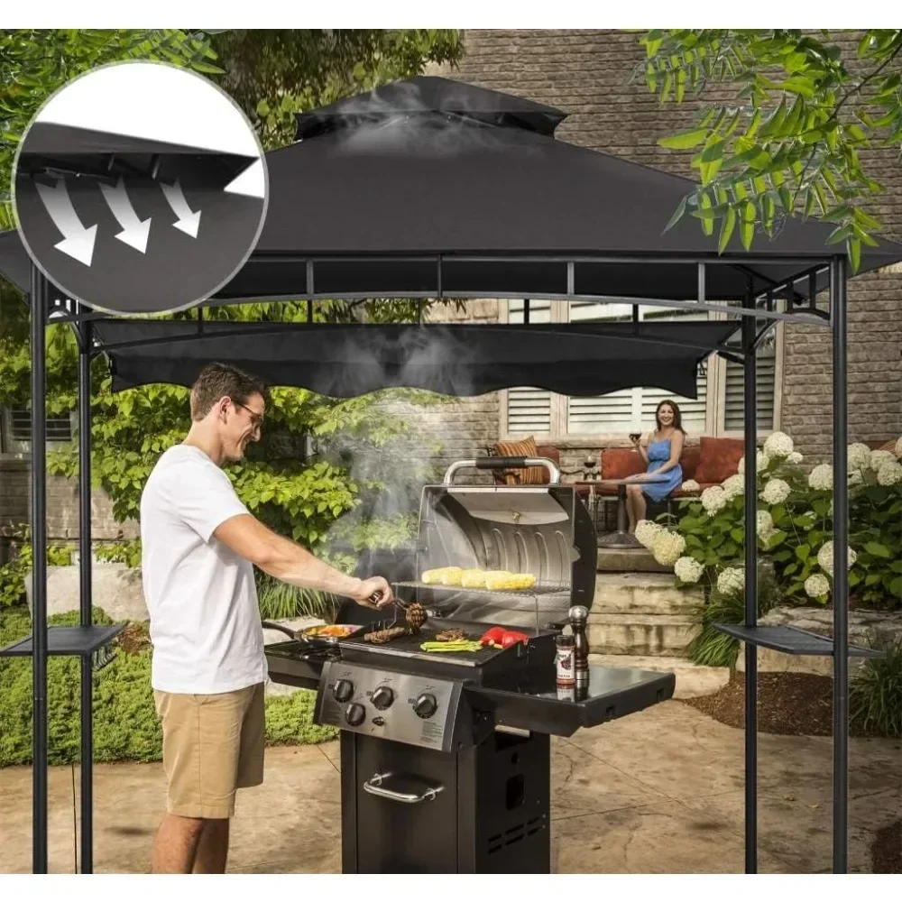 Double Tiered Grill Gazebo 8x8ft, Outdoor BBQ Canopy Tent with Stretchable Side Awning, Easy to Assembly, Transport & Storage