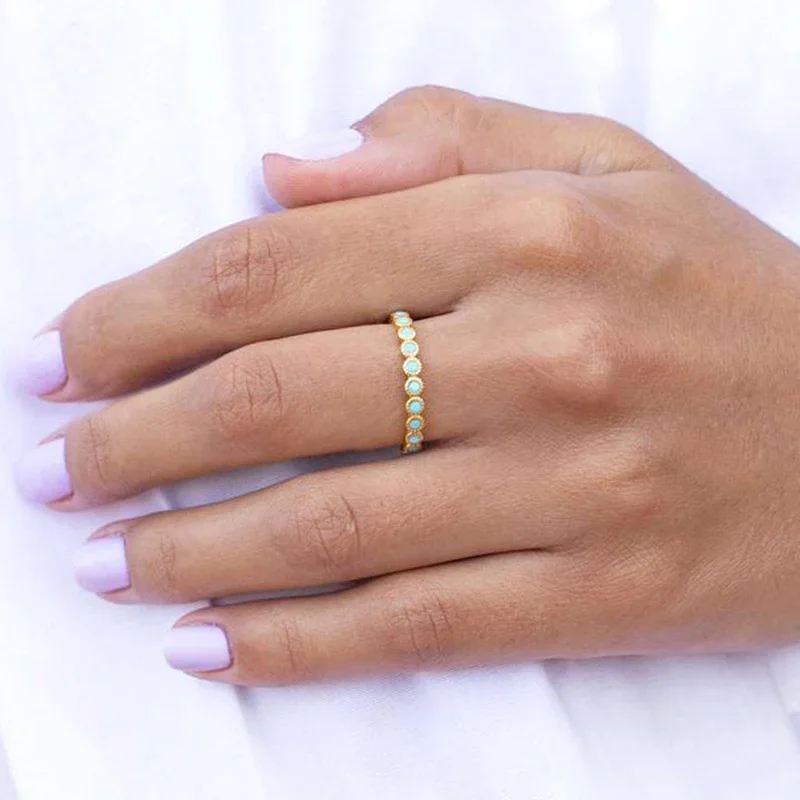 YUXINTOME 24k Gold-Plated Silver Exquisite Circle Pave Blue Turquoise Charm Shiny Gold Color Ring For Women Trendy Fine Jewelry