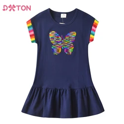 DXTON Summer Girls Dresses Sequin Children Kids Dress Butterfly Rainbow Sleeve Child Dress Toddler Casual Cotton Girls Costumes