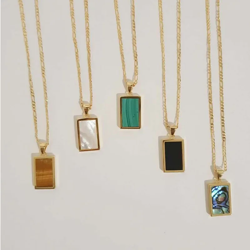 Rectangle Abalone Malachite Onyx Mother of Shell Pendant Willow Necklace Gold Plated Stainless Steel Figaro Chain Necklace