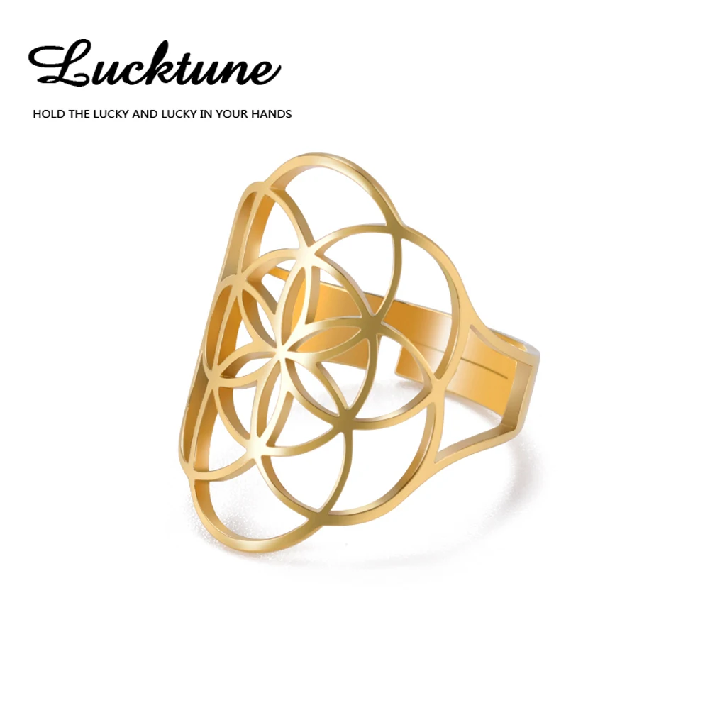 Lucktune Viking Seed of Life Ring Stainless Steel Geometric Flower Amulet Adjustable Ring for Women Retro Jewelry Valentine Gift