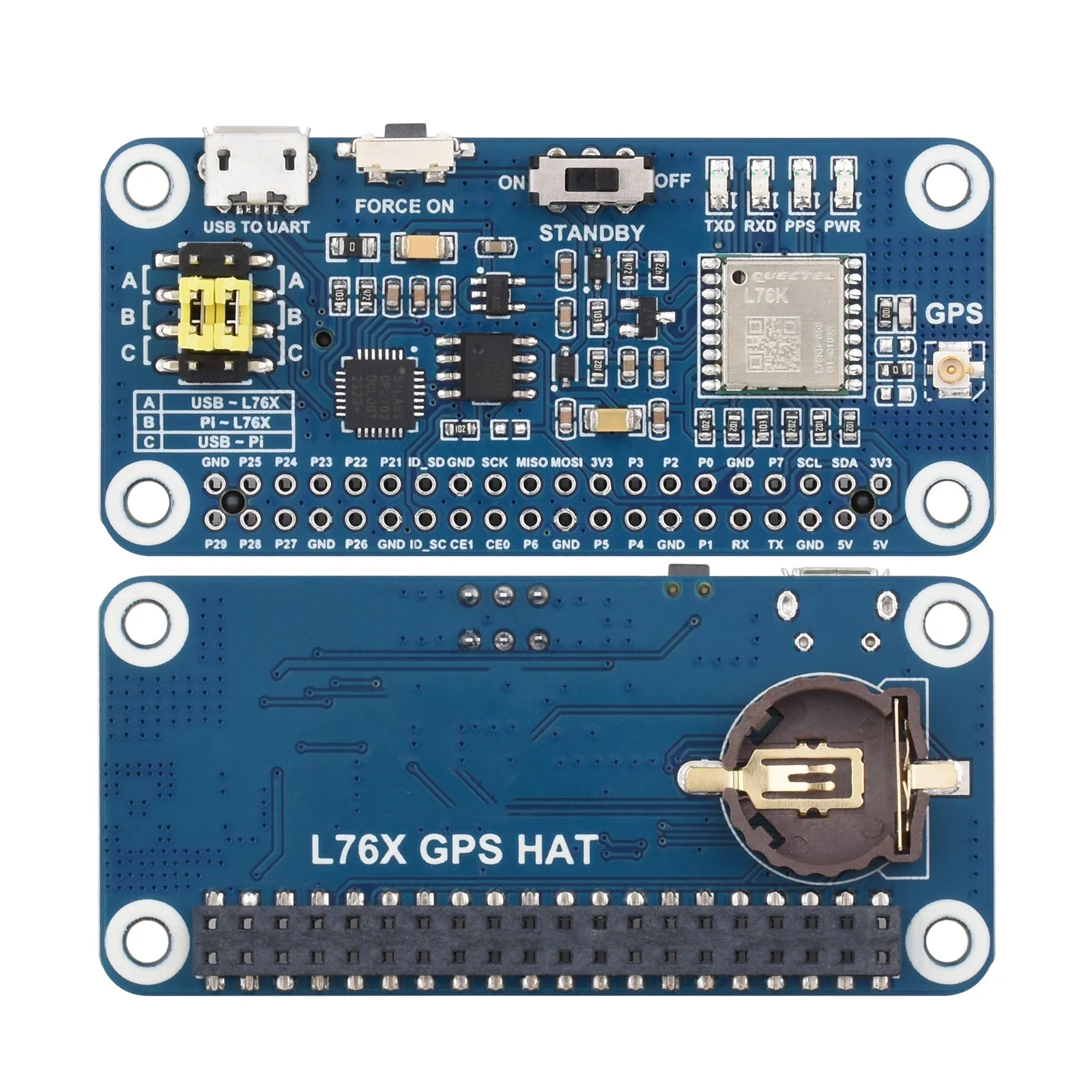 

L76K GPS HAT GNSS Expansion Board supports GPS/BeiDou (BDS)/GLONASS/QZSS, designed with a Raspberry Pi 40-pin GPIO interface.