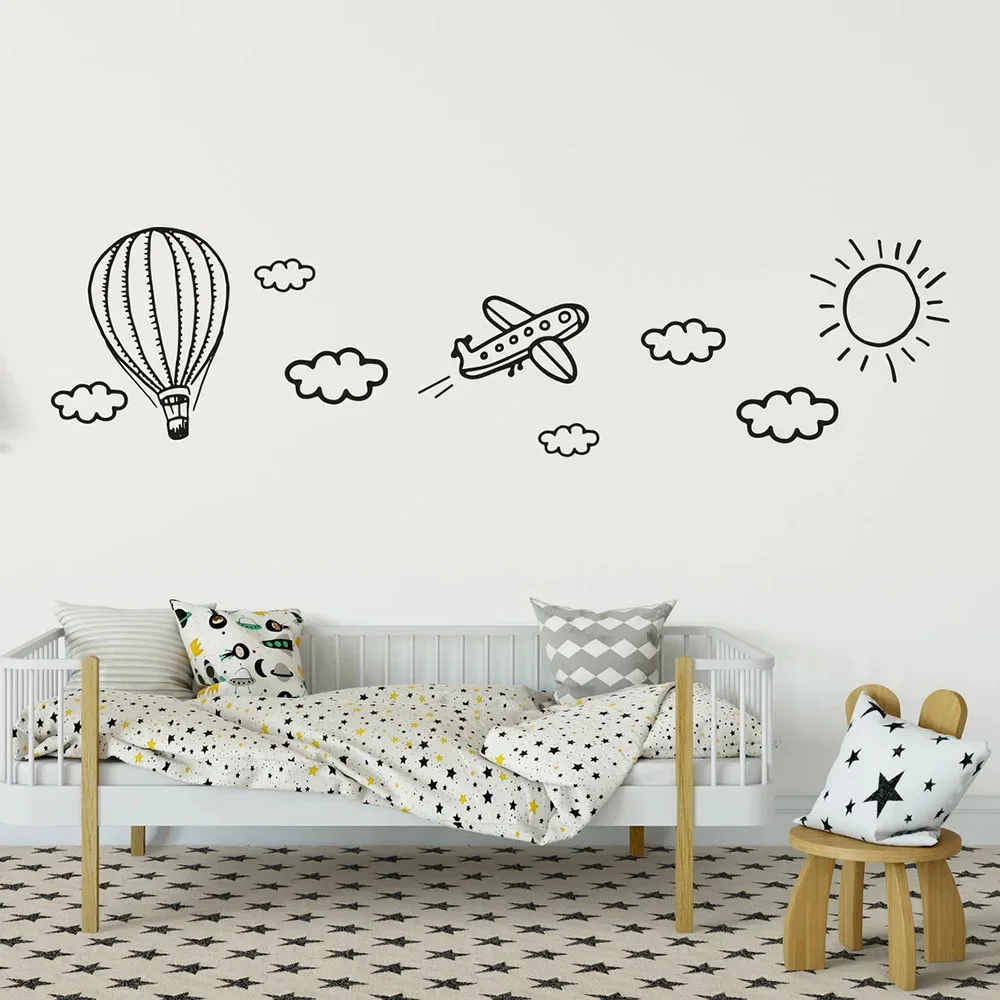 Doodle Kids Wall Decal Plane Air Balloon Clouds Sun Wall Stickers for Baby Kids Room Nursery Decoration Mural Vinyl Decals S546