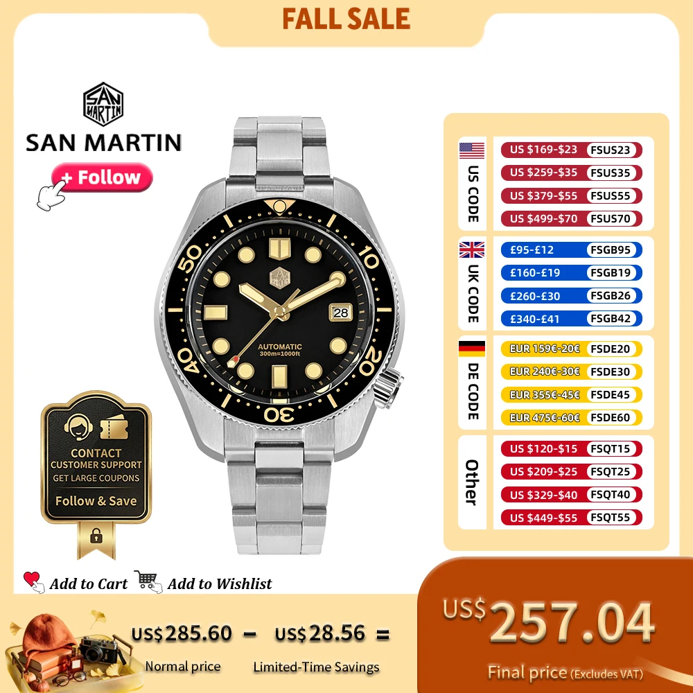 San Martin Design 44mm Herren Taucheruhr MM300 Sport Stahl Vintage NH35 Automatik Mechanisch Saphir Wasserdicht 300M Lum SN0087