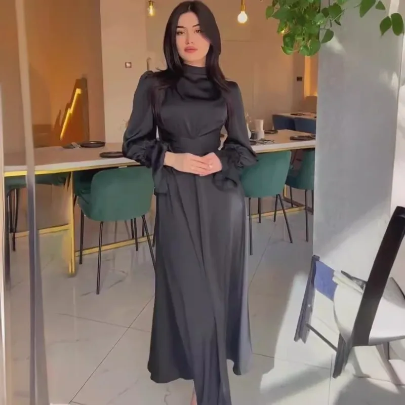 Vestido longo de cetim feminino primavera outono moda simples em torno do pescoço manga alargamento rendas até ajuste fino sexy festa vestido de noite