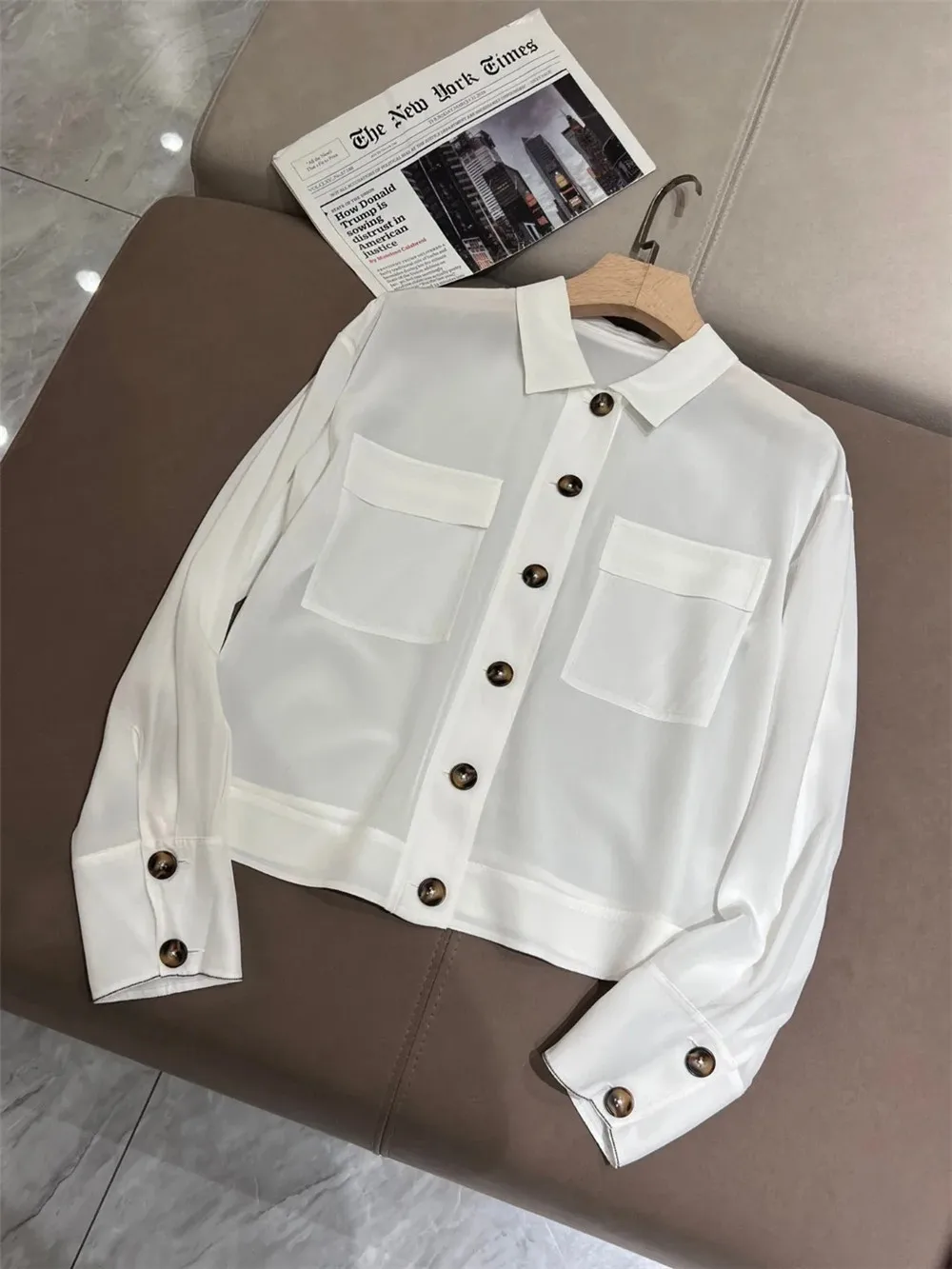 Women's Cuffs Beaded Casual Shirt Silk Long-sleeved Top Spring Summer  2024