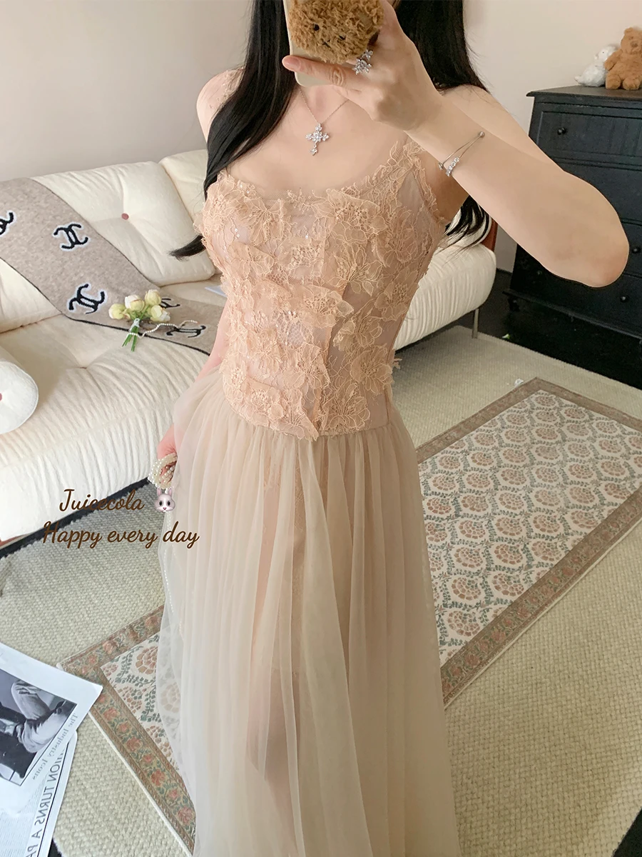 

Sweet Style Lace Splice 3D Flower Princess Dress Sleeveless Strap High Waist Ball Gown for Wedding Party Performance Long Skirt