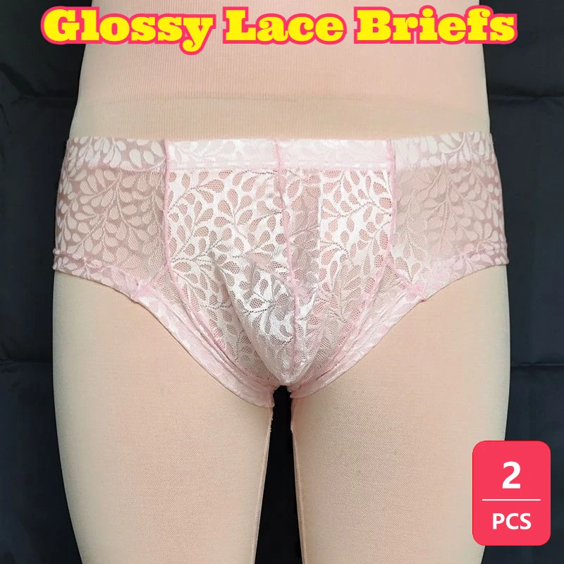 2PCS Mens Lace Briefs Summer Breathable Glossy Pink Underwear Delicate Sexy Low Waist Male Panties Soft Comfortable Daily Wear