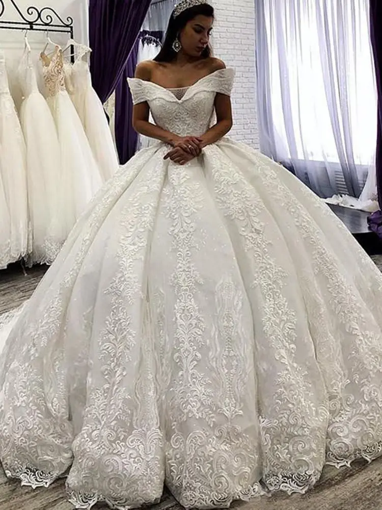 Customized  Arabic Lace Ball Gown Wedding Dresses Off the Shoulder Chapel Wedding Gowns Sequins Beaded Plus Size Bridal Dress