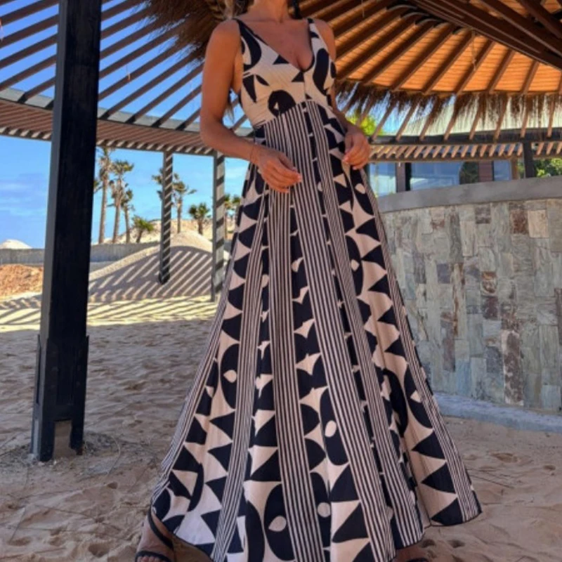 BKLD Vintage Print V Neck Sleeveless Backless High Waist Vacation Fancy Boho Maxi Strap Dress 2025 Summer Seaside Big Swing Robe