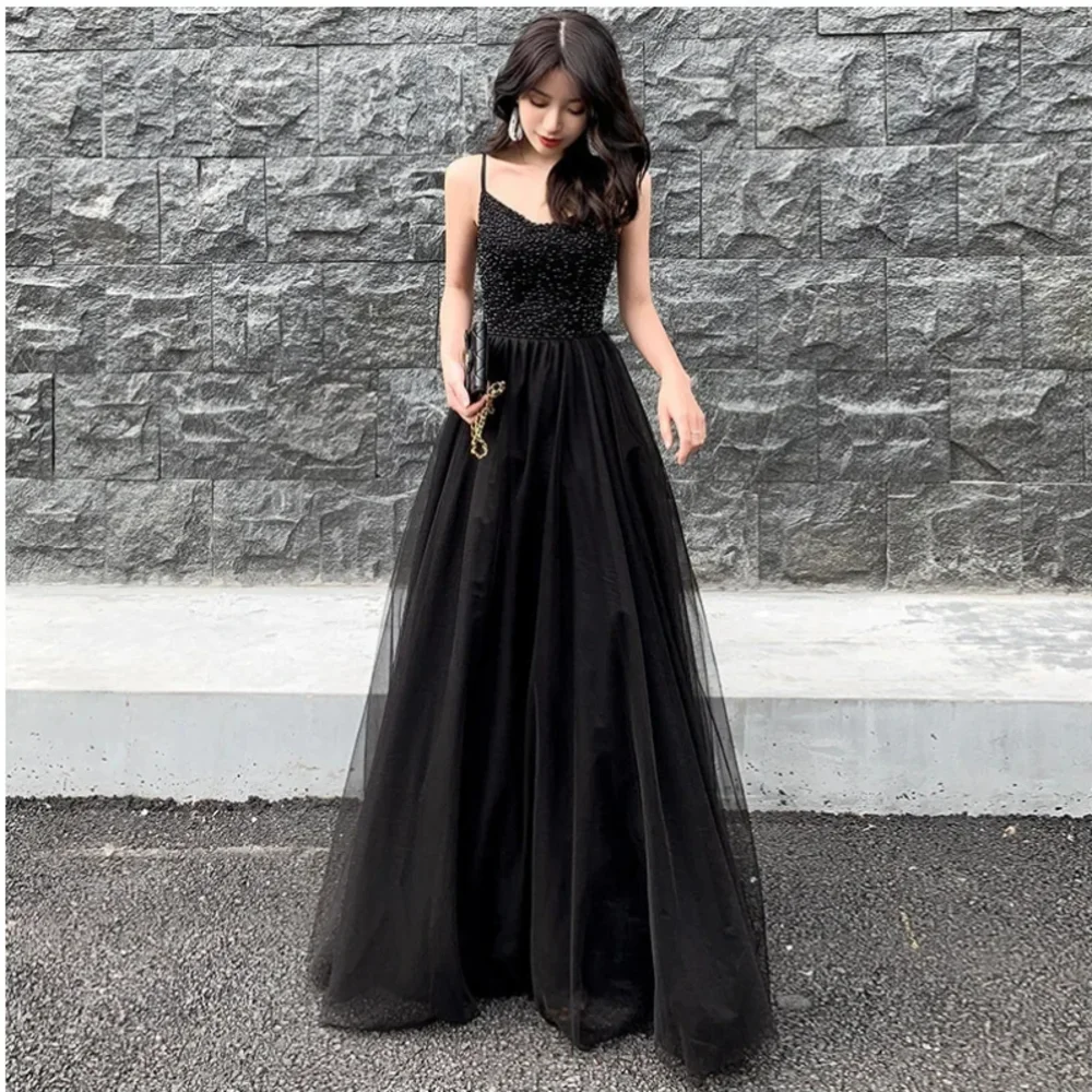 Longo preto cintas de espaguete frisado Tulle Prom Dresses, sem mangas, a linha até o chão, Sexy