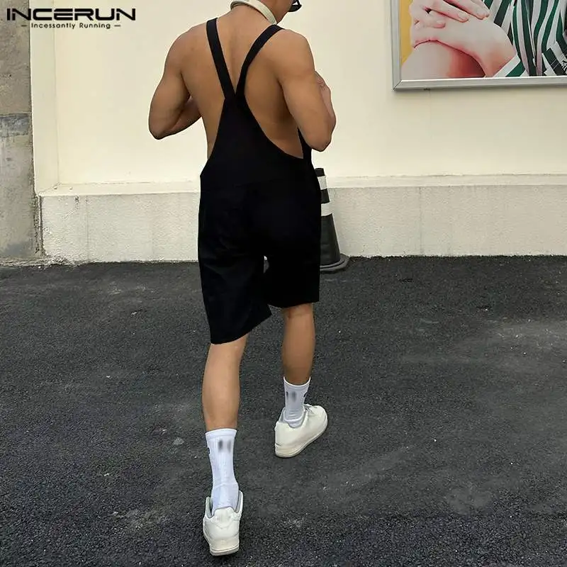 INCERUN-monos sin mangas de Color sólido para hombre, ropa de calle con bolsillos, monos con tirantes, pantalones cortos informales a la moda, 2023
