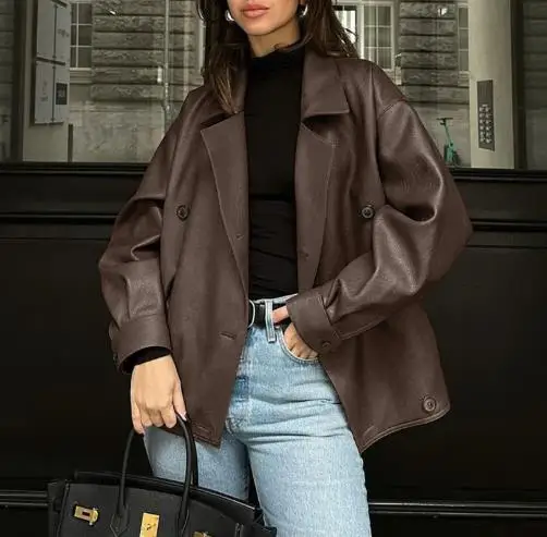 Jaket Kulit Longgar Kerah Setelan Temperamen Retro Jaket Kulit Longgar Kerah Mode Jalanan Tinggi Warna Polos Wanita Baru Musim Gugur
