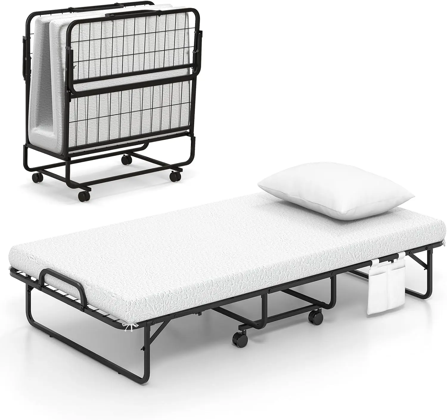 75 Inches Folding Bed With Mattress And Pillow Twin Size Rollaway Guest Bed Frame On Wheels With Storage Pocket And Dustcover, Portable Metal Frame Foldable Sleeper Bed Frame For Apartment Guest Room Home Office White, 1 Piece