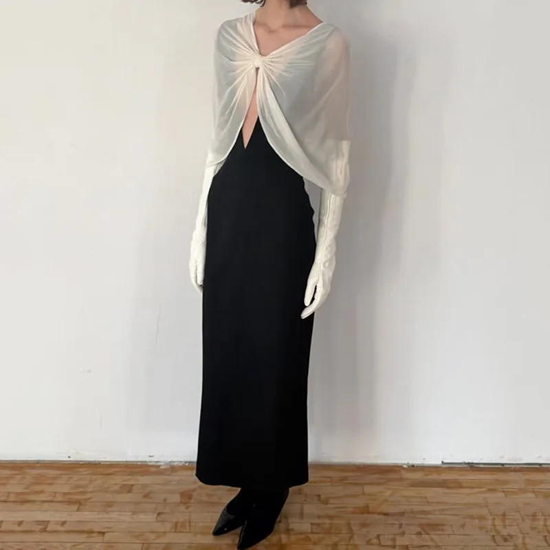 

Женское платье с V-образным вырезом и воротником-шалью, приталенное макси-платье из смесовой шерсти, высококачественное черное рабочее платье без рукавов, 2026, новый стиль