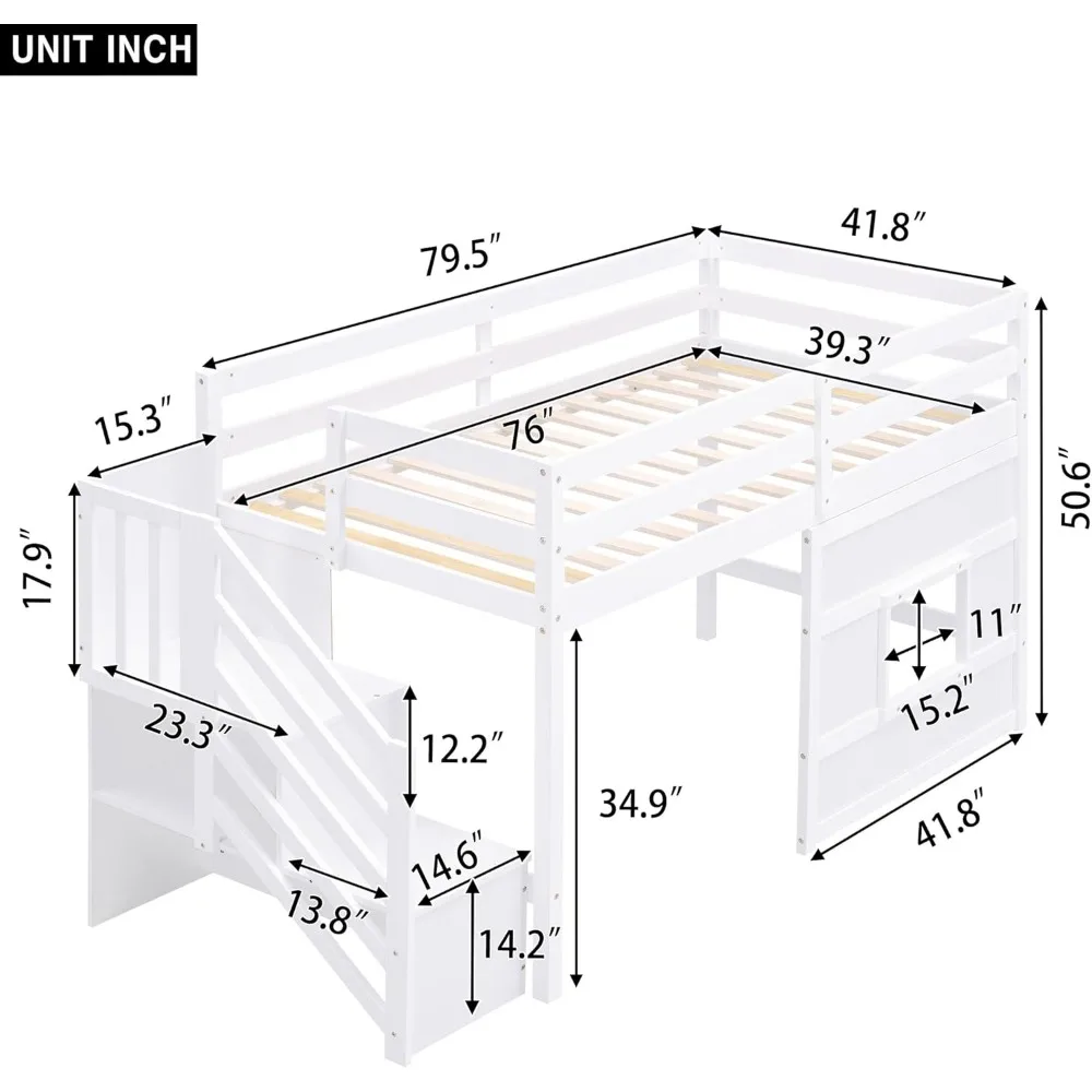 Cama alta baja con escaleras, estructura de cama doble para niños con almacenamiento 94,8" de largo x 41,8" de ancho x 50,6" de alto