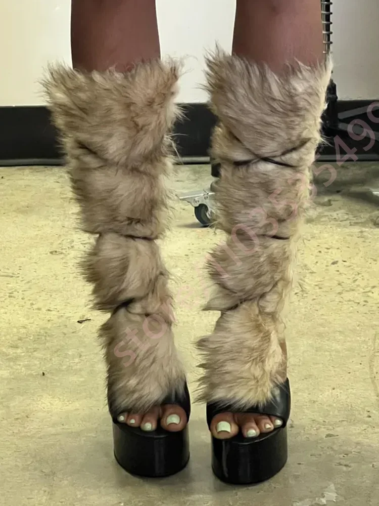 

2025 Черные меховые сапоги на платформе с открытым носком, пикантные ботинки на шпильке на массивном высоком каблуке со шнуровкой для осенней модной вечеринки, повседневная одежда