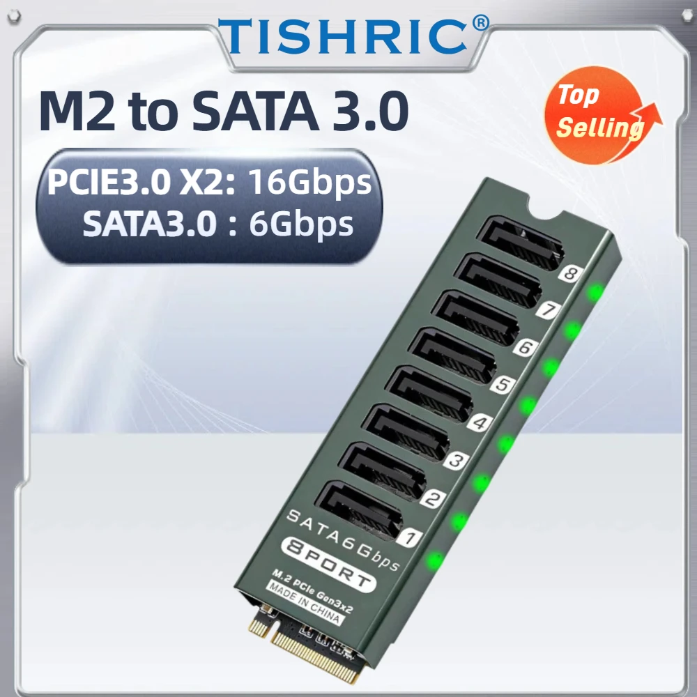TISHRIC M.2 to SATA3.0 Adapter Card SATA 9 / 8 /6 Ports to M.2 NVMe 6Gbps High Speed ASM1166 Expansion Card with Smart Indicator