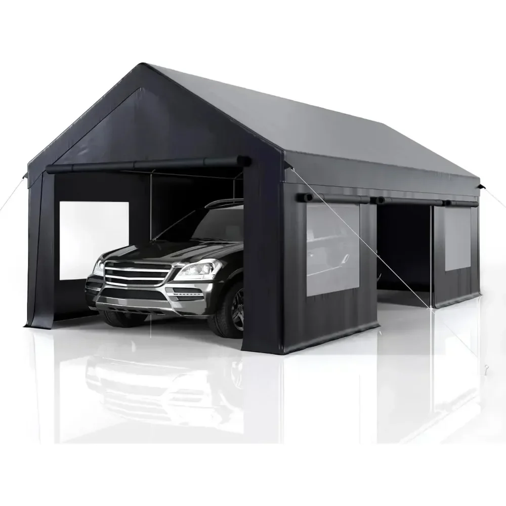 

12' X 20' Heavy Duty Portable Garage, Carport Canopy with Side Door and Roll-Up Window, Carport Canopy Reinforced Four-Hole Base