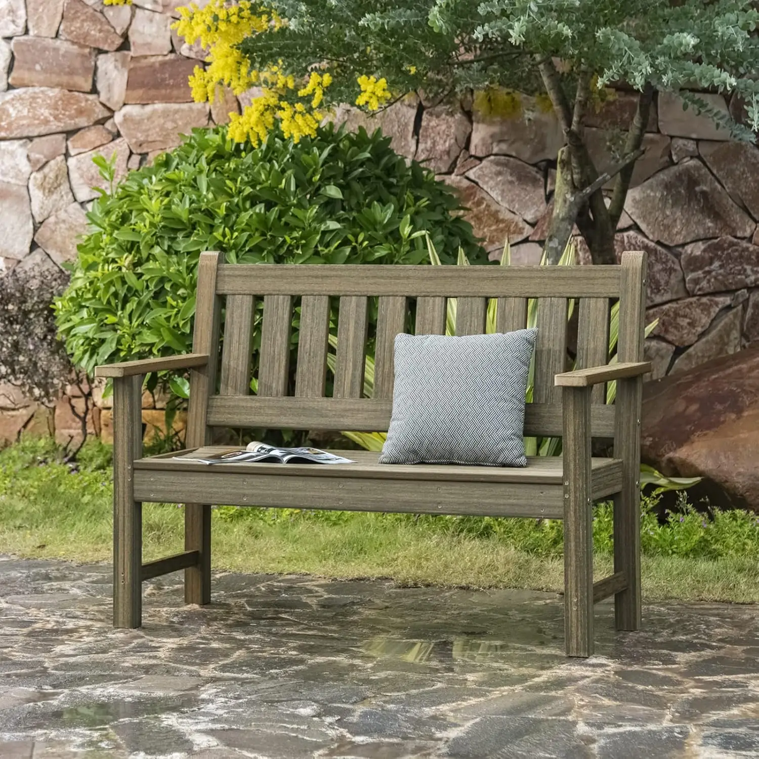 Outdoor Use, Poly Lumber, Light Brown 2-Person Bench, Ideal for Garden, Porch and Park