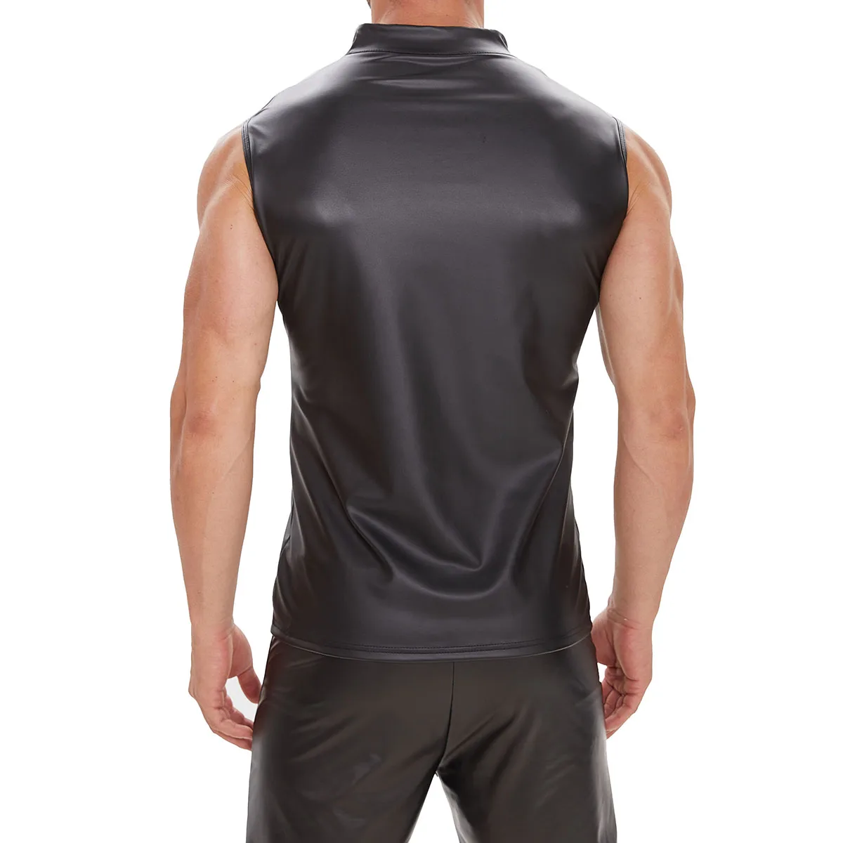 Plus Size Mens Shiny Leather Tank Top Soft Matte Leather T-Shirts Sleeveless Male High Elastic Full Zipper Shaping Vest