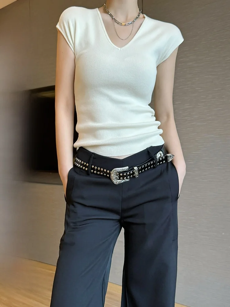 

ANGJIA Ice Silk Трикотажная футболка ort Sve V-Ne Thin Base irt Корейский Sle Простой повседневный облегающий летний топ для женщин